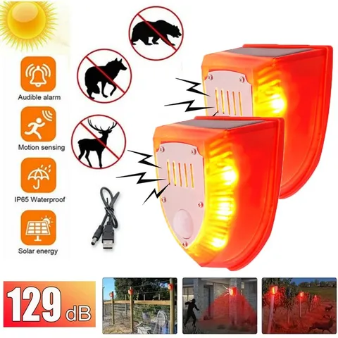 2PACKS Solar Power Motion Sensor Sound Light Alarm Dog Barking Gunshots Repeller
