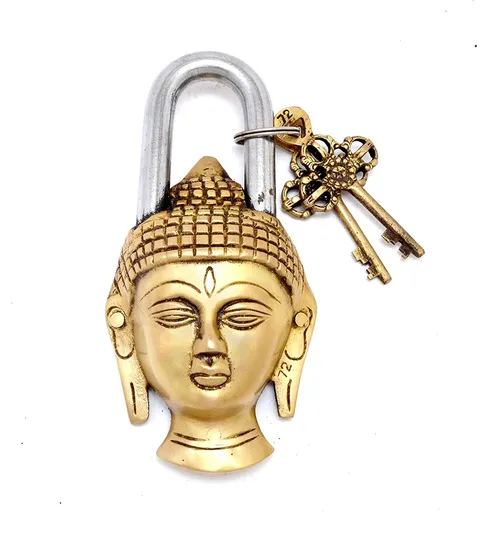 Handmade Vintage Style Rare Buddha Design Functional Brass Padlock With 2 Keys