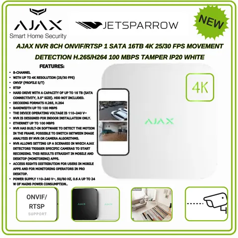 AJAX 8-Channel NVR, 4K Resolution, ONVIF (Profile S/T) White (NO HDD) 78268122WH