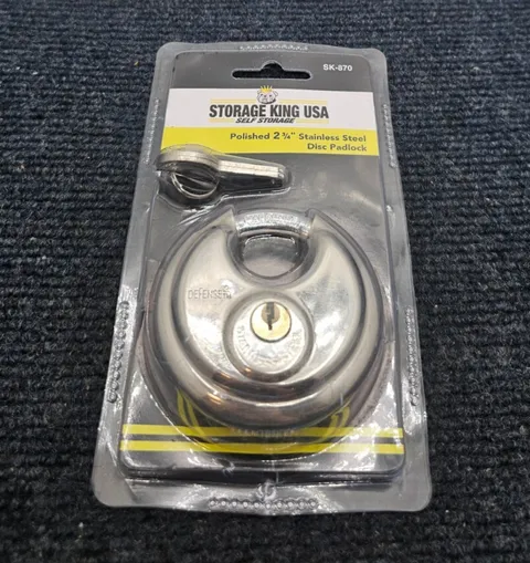 STORAGE KING SK-870: Polished 2 3/4" Stainless Steel Disc Padlock 70mm