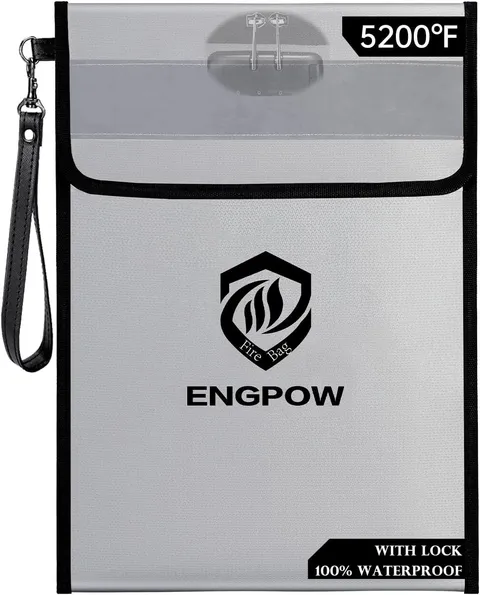 ENGPOW Fireproof Document Bag with Lock (5200℉),15”x 11” With Lock, Silver