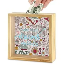 Piggy Bank for Kids,Bigger Wooden Safe Money Savings Bank Box for Kids， C