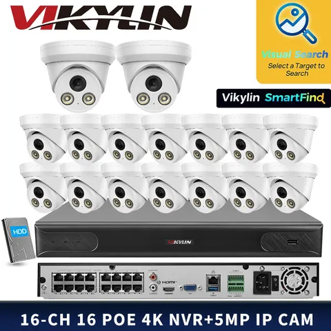 VIKYLIN SmartFind 16POE 16CH NVR CCTV Full Color MIC 5MP Security Camera Kit Lot