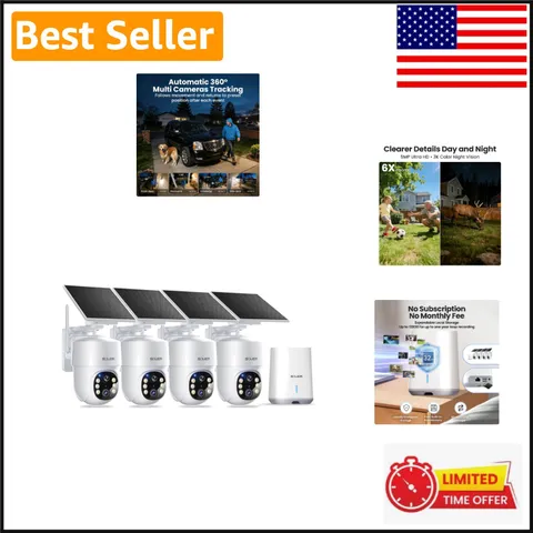 4-Cam Solar Powered Security System with 360° Auto Tracking & Color Night Vision