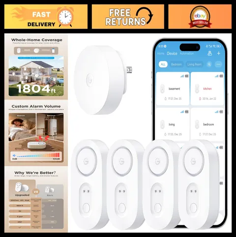 Smart Water Leak Detector 4 Pack - WiFi Sensor, 1804ft Range, SMS/Email Alerts,