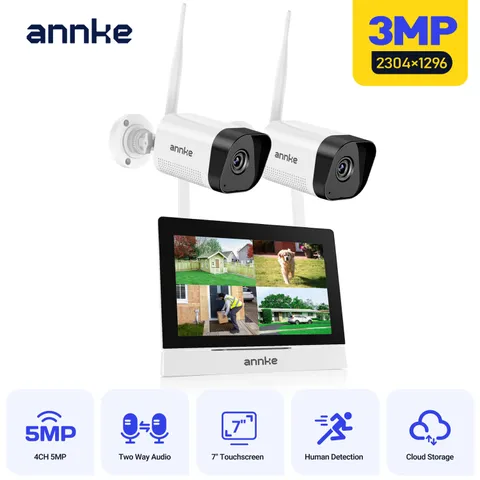 ANNKE Wireless 7" Monitor 4CH NVR 3MP Two-Way Audio Security Camera System WIFI