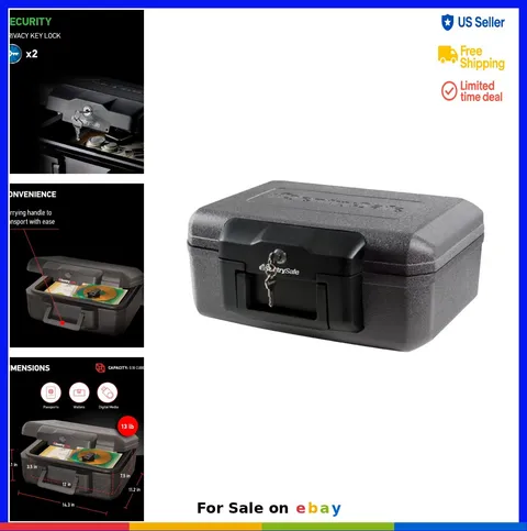 Fireproof Safe Box Key Lock 0.18 Cu Ft Black Compact Portable Documents