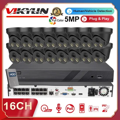 Vikylin 16CH CCTV System 5MP Full Color IP Camera Outdoor Audio 4k 16POE NVR Lot