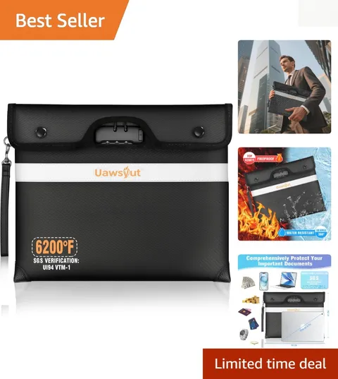 6200℉ Fireproof Document Bag with Combination Lock - Water-Resistant & Portable