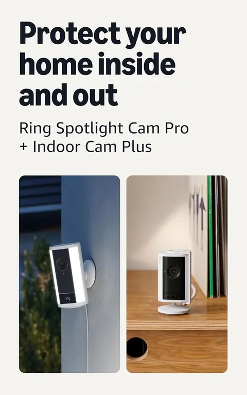 Ring Spotlight Cam Pro, Plug-In (Newest Model), White with Indoor Cam Plus (Newe