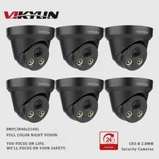 6Pcs VIKYLIN 8MP 4K Full Color Night Vision Turret Black Security Camera Outdoor