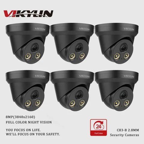 6Pcs VIKYLIN 8MP 4K Full Color Night Vision Turret Black Security Camera Outdoor