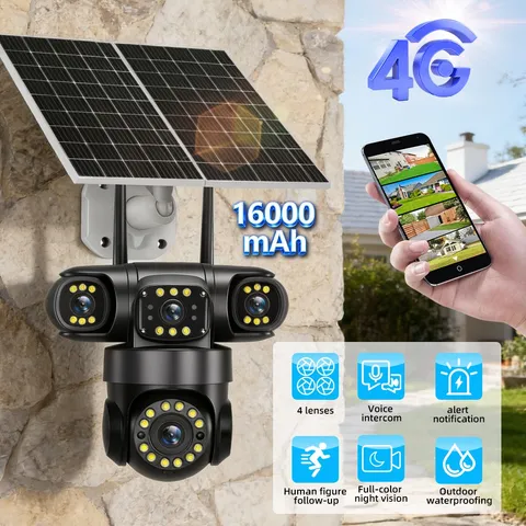Cámara de Seguridad Solar 4G SIM 4 Lentes 16MP PTZ Exterior Visión Nocturna IP66