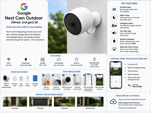 Google Nest Cam Outdoor (Wired 2nd Gen) 2K HDR Wi‑Fi White Weatherproof