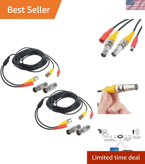 Durable 2-Pack 25ft Power Video Cables with BNC Connectors for Security Cameras