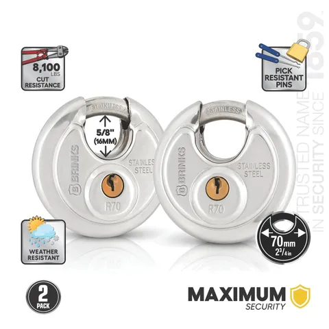 Stainless Steel 70mm Keyed Discus Padlock with 5/8in Shackle, 2 pack