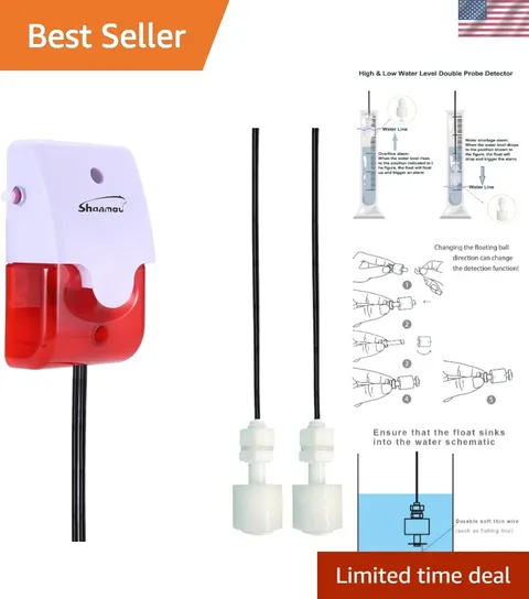 High / Low Water Level Sensor Detector Alarm 120 dB Red Strobe Siren, Adjusta...