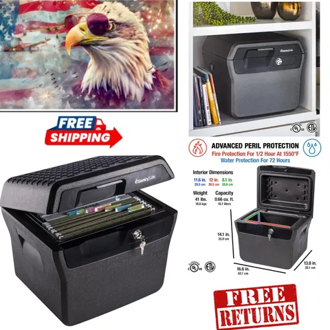 Portable Fireproof and Waterproof Safe - Key Lock Document Box 14.1x16.6 in Gray