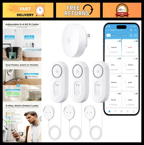 Smart Water Leak Detector with 4.92 ft Cable - 3 Pack, Fast Response, Home Safet