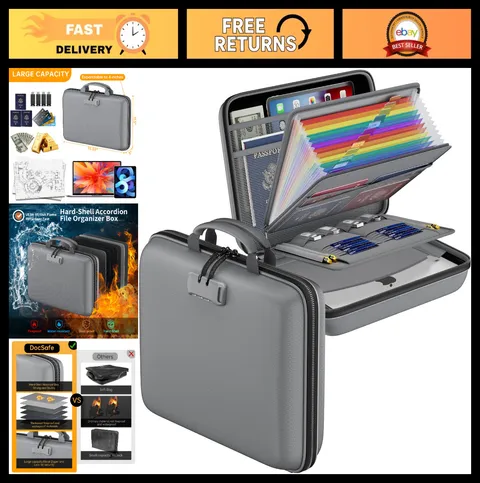 Fireproof Document Organizer Box with Lock, 13 Pocket Accordion File, Portable S