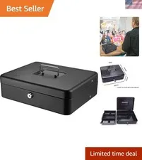 Stylish Black Cash Organizer Box - Removable Tray, Key Lock, and Portable Design