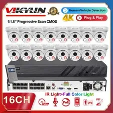 Vikylin 4K 16CH 16POE NVR CCTV System 8MP Camera Outdoor Full Color+IR Audio Lot