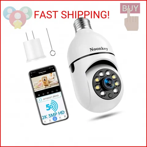 Noonkey 2K/3MP Light Bulb Security Camera, 5G& 2.4GHz WiFi Alexa E27 360° Light