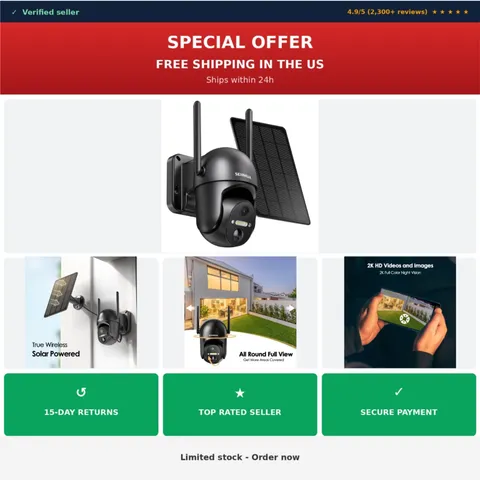 SEHMUA 2K Solar Security Camera Wireless Outdoor PTZ Wi-Fi Night Vision