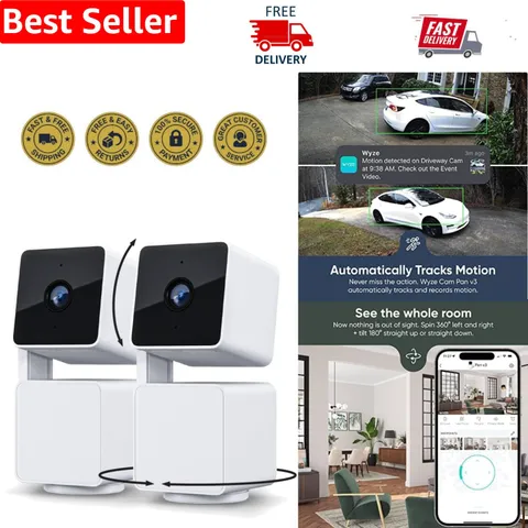 Wyze Cam Pan V3: 2-Pack 1080p Smart Home Cameras with Color Night Vision & Audio