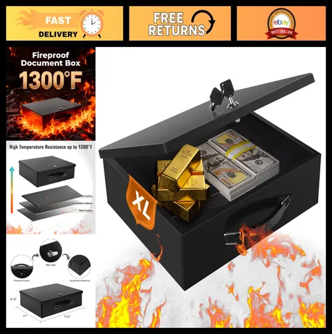 Fireproof Document Box with Key Lock - Portable Safe for Cash, Passports, Tablet