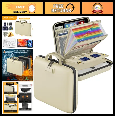 Fireproof File Organizer with Lock - Hard-Shell Document Box & 13 Pocket Accordi
