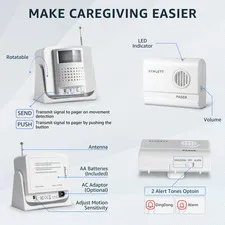 Bed Alarm Caregiver Pager with Wireless Motion Sensor Alarm Indoor Fall Preve...