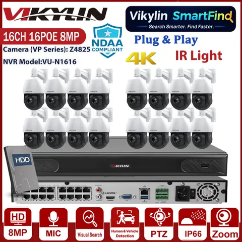 Vikylin Smartfind 16POE 16CH NVR IR 8MP PTZ Auto Tracking Security IP Camera Lot