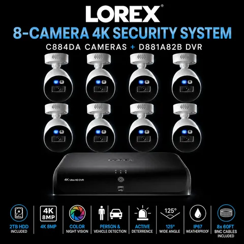  8 Camera C884DA 4K Security System + 2TB DVR D881A82B LOREX