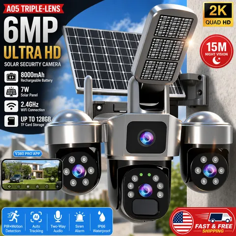 Camara de Seguridad Solar WiFi PTZ 6MP Exterior 3 Lentes Foco Vision Nocturna HD