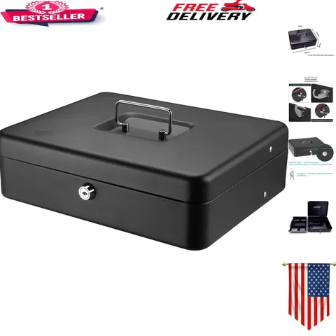 Durable Black Cash Box with Carrying Handle & Key Lock - 11.75 x 9.875 Inches