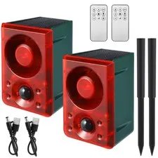 Qualirey 2 Pcs Solar Outdoor Motion Sensor Alarm with Stake Gunshot Sound Red