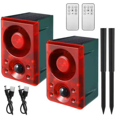 Qualirey 2 Pcs Solar Outdoor Motion Sensor Alarm with Stake Gunshot Sound Red