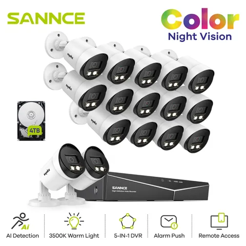 SANNCE 16CH DVR HD 1080P Color Night Vision CCTV Security Camera System Outdoor