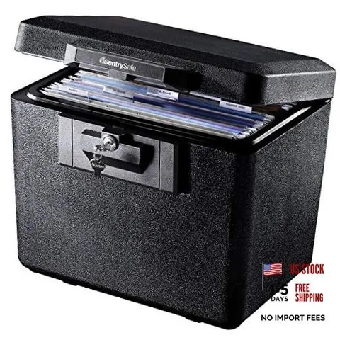 Black Fireproof Document Box with Key Lock - Safe Secures Files and Documents