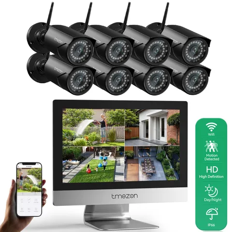 TMEZON Wireless 3MP Audio IP Security Camera System Night View 10CH 12'' Monitor