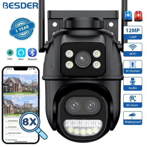 12MP Wifi Camera PTZ 8X Digital Zoom Dual Screen Color Night Vision Outdoor Secu
