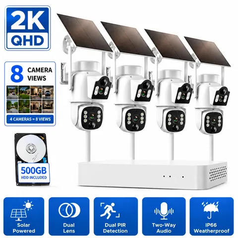 Solar Security Camera Wireless Outdoor Home CCTV System Set with 500G Hard Drive