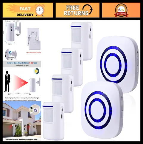 Wireless Motion Sensor Alarm System, Long Range Driveway Alert, 4 Detectors, 38
