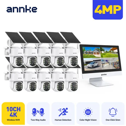 ANNKE Wireless 12'' Monitor 10CH NVR 4MP PT Solar Security System Two Way Audio