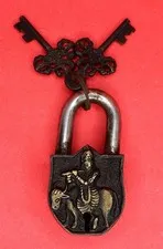 Krishna with Cow Design Antique Vintage Style Handmade Brass Padlock with Keys