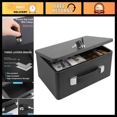 Fireproof Portable Safe Box with Key Lock & Handle - Secure Documents, Jewelry,