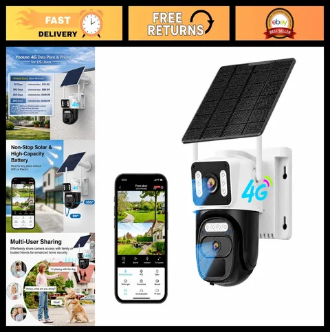 4G LTE Solar-Powered Outdoor Security Camera, Dual Lens, 355° PTZ, Color Night V