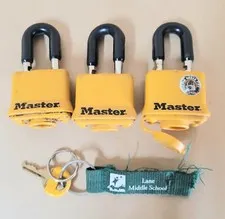 3 Master Lock Tough Under Fire Padlocks, Yellow Weather Resistant Locks & 1 Key