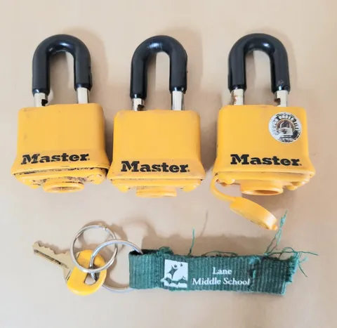 3 Master Lock Tough Under Fire Padlocks, Yellow Weather Resistant Locks & 1 Key